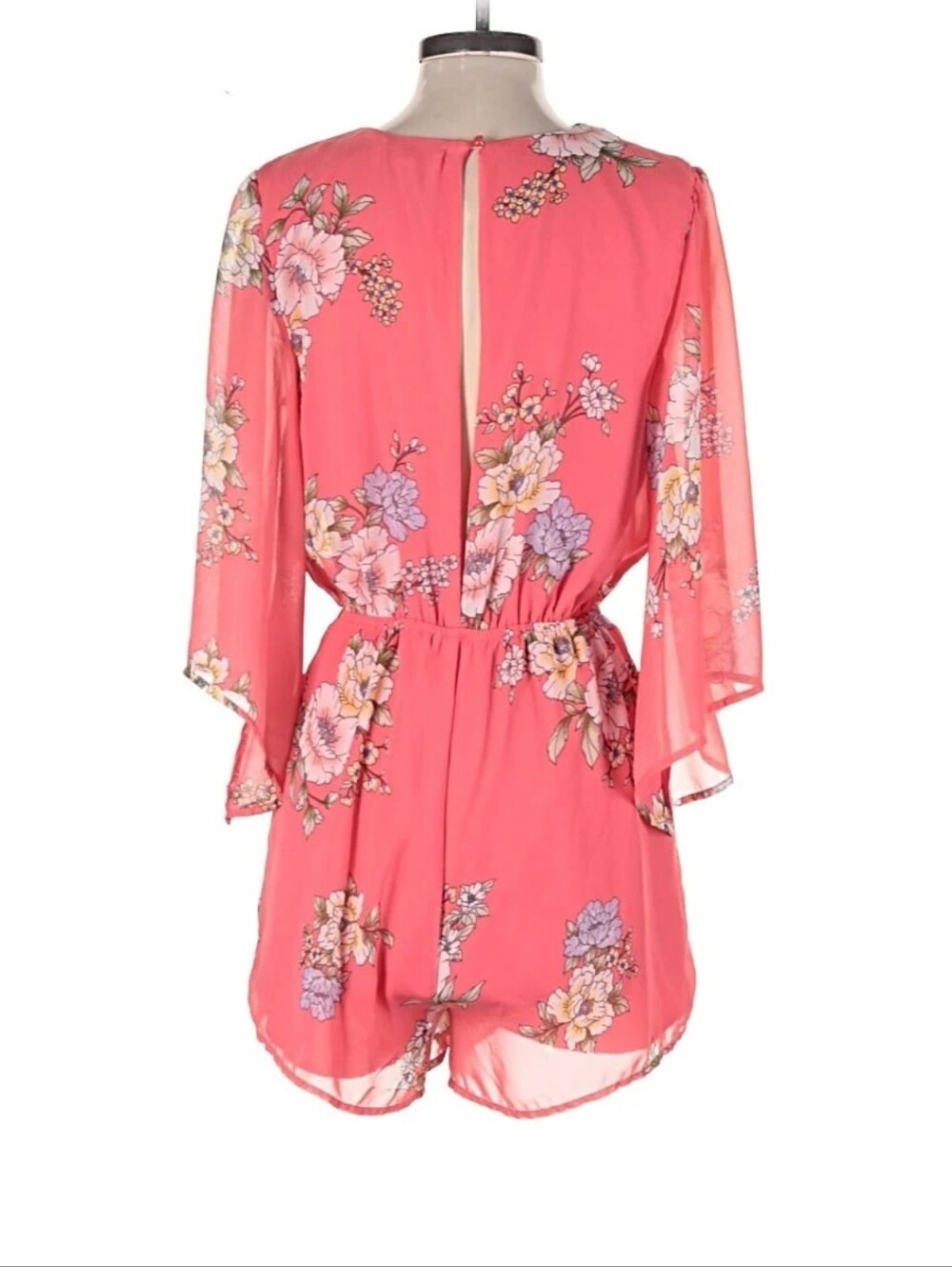 New BAILEY BLUE Floral Kimono Sleeve Faux Wrap Romper In Coral/Ivory - Picture 3 of 3